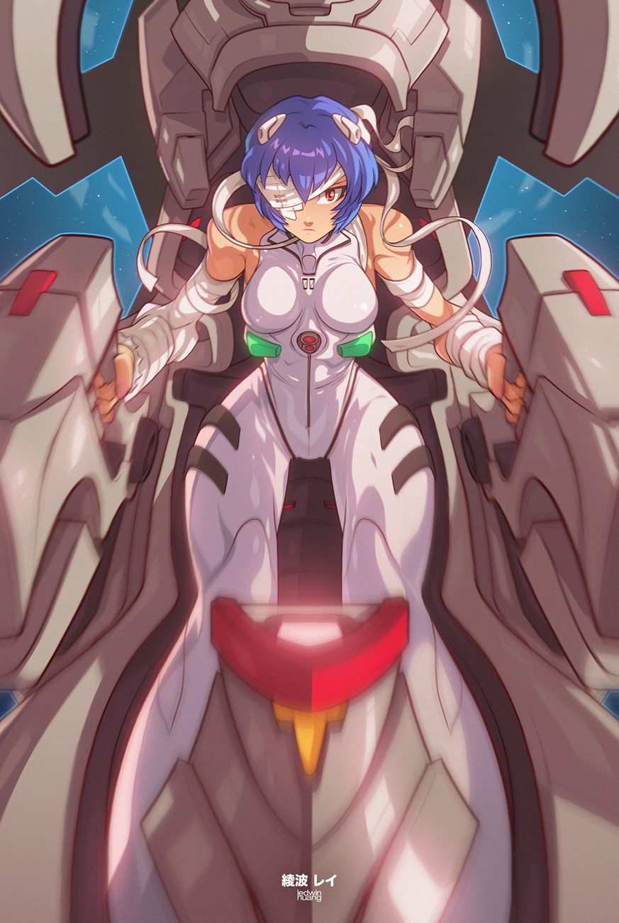 1girl ayanami_rei bandaged_arm bandaged_head bandages blue_hair bodysuit breasts cockpit controller edwin_huang eyepatch foreshortening highres interface_headset joystick motion_blur neon_genesis_evangelion plugsuit red_eyes serious short_hair sleeveless solo white_bodysuit