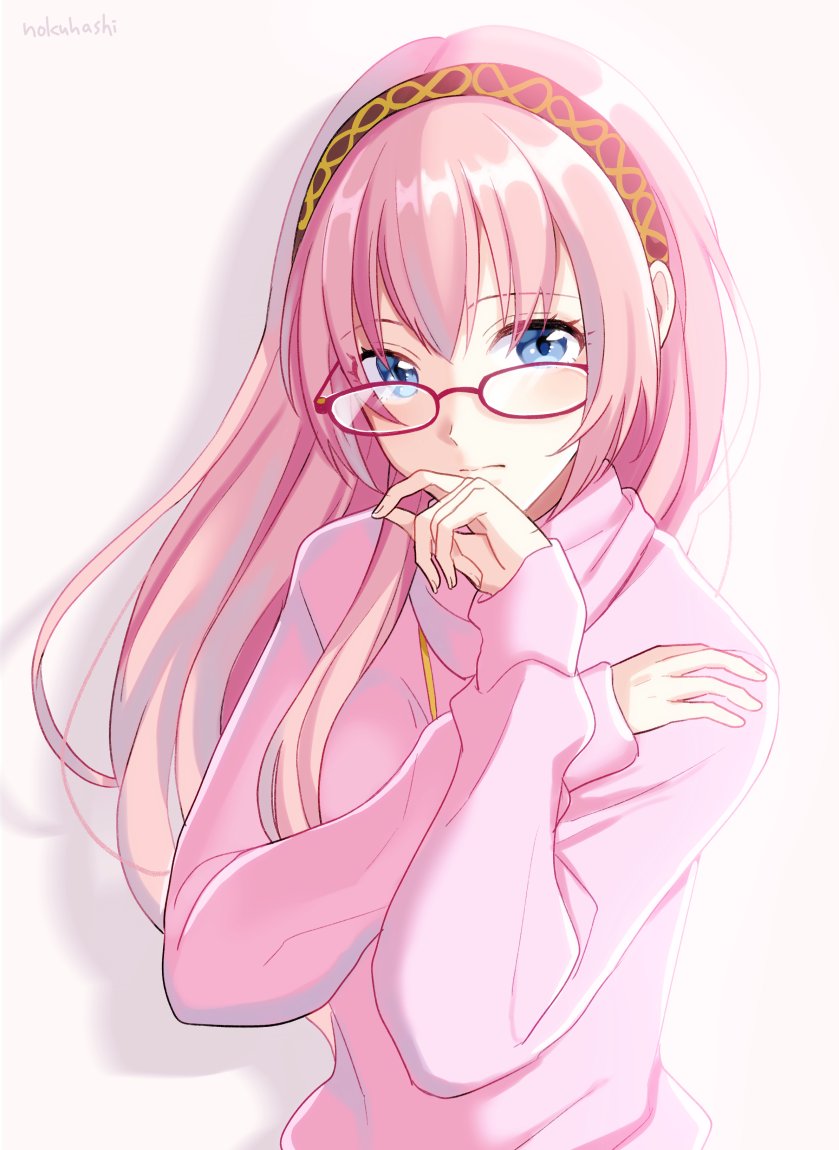 1girl artist_name blue_eyes commentary glasses hairband hand_to_own_mouth hand_up long_hair looking_at_viewer megurine_luka nokuhashi pink_hair pink_sweater sidelighting solo sweater upper_body vocaloid