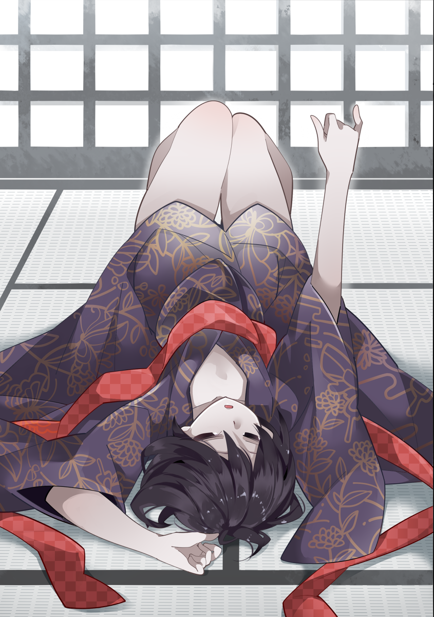 1girl \m/ architecture arm_up bangs bare_legs belt black_eyes black_hair blue_kimono bob_cut checkered collarbone east_asian_architecture empty_eyes floral_print from_above hair_between_eyes hair_strand hammer_(sunset_beach) highres japanese_clothes kimono knees_up lying messy_hair monogatari_(series) obi on_back oshino_ougi reaching_out red_belt sash short_hair shouji sliding_doors solo tatami undone_belt