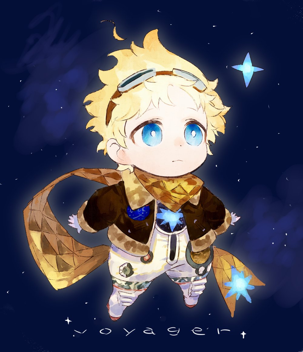 1boy bangs blonde_hair blue_eyes blush bright_pupils character_name chibi english_text fate/grand_order fate_(series) full_body glowing long_sleeves male_focus open_hands parted_bangs scarf simple_background sky solo space spacesuit star star_(sky) starry_background starry_sky tetsu_(teppei) voyager_(fate/requiem) yellow_scarf