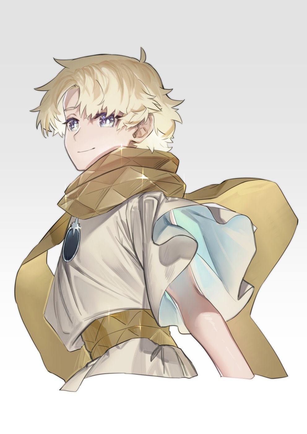 1boy azarashi_ball baggy_clothes bangs blonde_hair blue_eyes blush bright_pupils eyebrows_visible_through_hair fate/grand_order fate_(series) glowing gradient gradient_background highres looking_at_viewer looking_back male_focus open_mouth parted_bangs robe scarf short_sleeves simple_background sky smile solo sparkle upper_body voyager_(fate/requiem) yellow_scarf