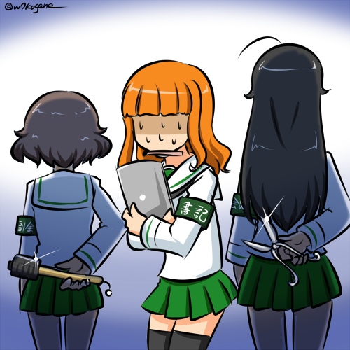 3girls ahoge akiyama_yukari armband bangs black_hair black_legwear black_neckwear blouse blunt_bangs brown_hair clipboard explosive from_behind frown girls_und_panzer green_skirt grenade holding holding_clipboard holding_grenade holding_scissors isuzu_hana kogane_(staygold) long_hair long_sleeves lowres miniskirt multiple_girls neckerchief no_eyes object_behind_back ooarai_school_uniform open_mouth orange_hair pleated_skirt school_uniform scissors serafuku shaded_face short_hair skirt sparkle standing stick_grenade stielhandgranate sweat takebe_saori thigh-highs translated twitter_username white_blouse