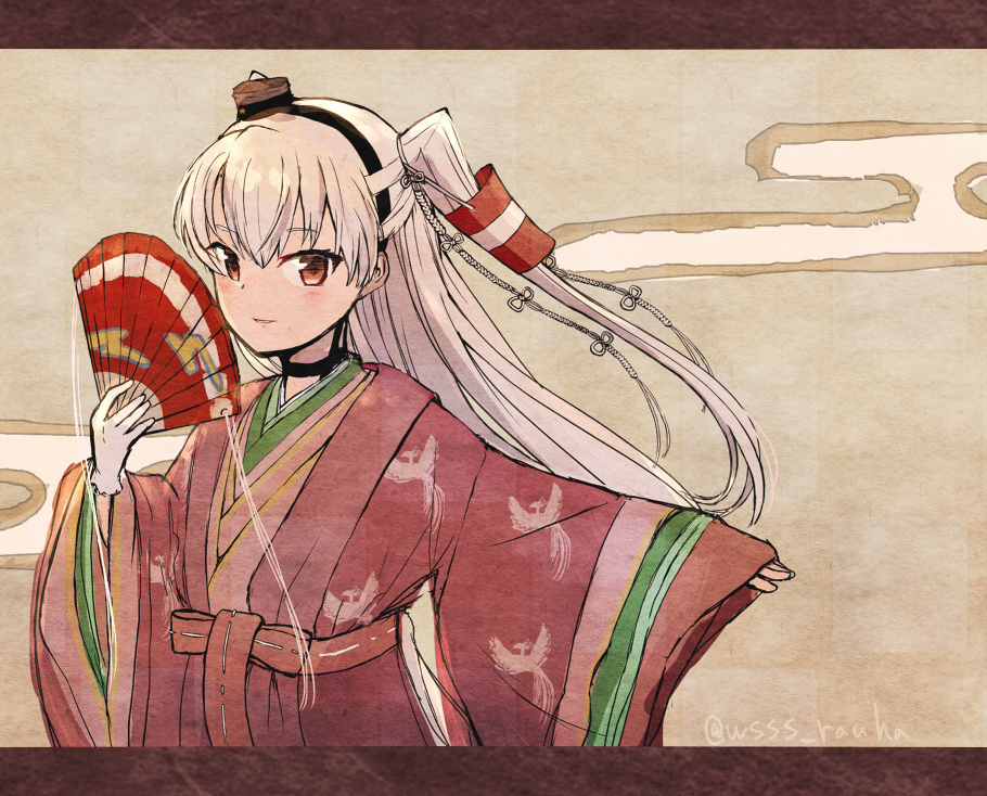 1girl alternate_costume amatsukaze_(kantai_collection) animal_print bird_print black_choker blush brown_eyes choker eyebrows_visible_through_hair fan gloves hair_tubes holding holding_fan japanese_clothes kantai_collection kimono long_hair long_sleeves looking_at_viewer silver_hair single_glove smile smokestack_hair_ornament solo thigh-highs two_side_up white_gloves wide_sleeves wss_(nicoseiga19993411)