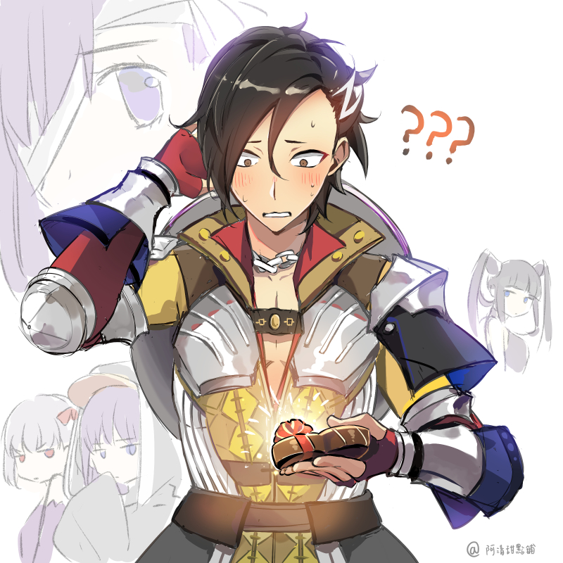 1boy 1other 3girls armor bandages bangs bare_shoulders black_hair blunt_bangs blush box breasts chocolate eyebrows_visible_through_hair fate/extra fate/extra_ccc fate/grand_order fate_(series) fingerless_gloves gift gloves hair_between_eyes hair_ornament hat heart-shaped_box holding kama_(fate/grand_order) kingprotea long_hair looking_at_another looking_down male_focus mandricardo_(fate/grand_order) meltryllis meltryllis_(swimsuit_lancer)_(fate) multicolored_hair multiple_girls one_eye_covered purple_hair red_eyes sei_(abab40116) sidelocks sketch streaked_hair twintails two-tone_hair upper_body valentine weapon weapon_on_back white_hair yang_guifei_(fate/grand_order)