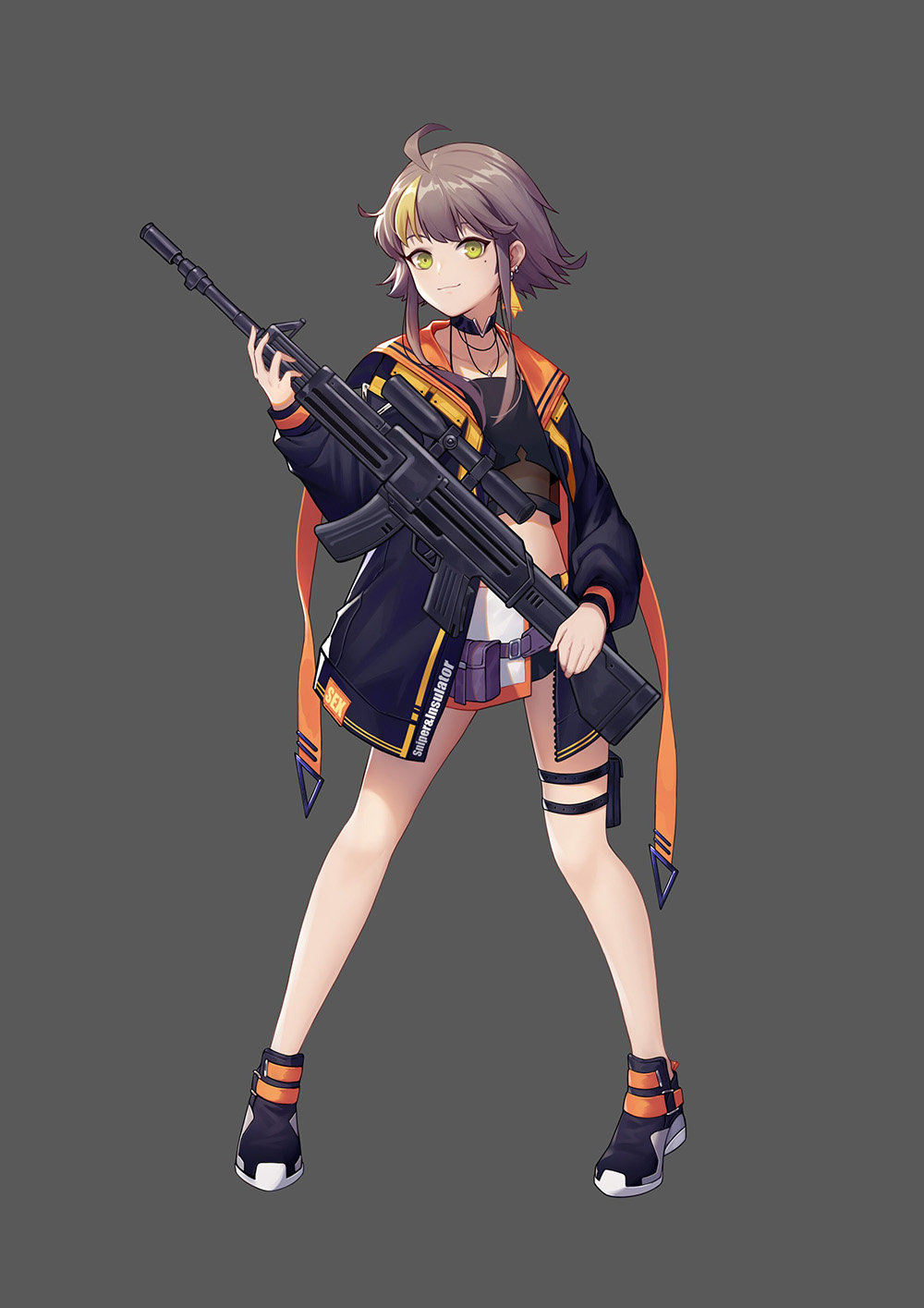 1girl ahoge assault_rifle bare_legs belt_pouch black_choker black_jacket black_shirt choker crop_top earrings full_body green_eyes grey_background grey_hair gun highres holding holding_gun holding_weapon jacket jewelry leg_belt long_sleeves looking_at_viewer midriff mole mole_under_eye multicolored_hair open_clothes open_jacket original panpanmeiyou_hp pouch rifle scope shirt shoes short_hair short_shorts shorts sidelocks simple_background smile solo standing two-tone_hair weapon weapon_request