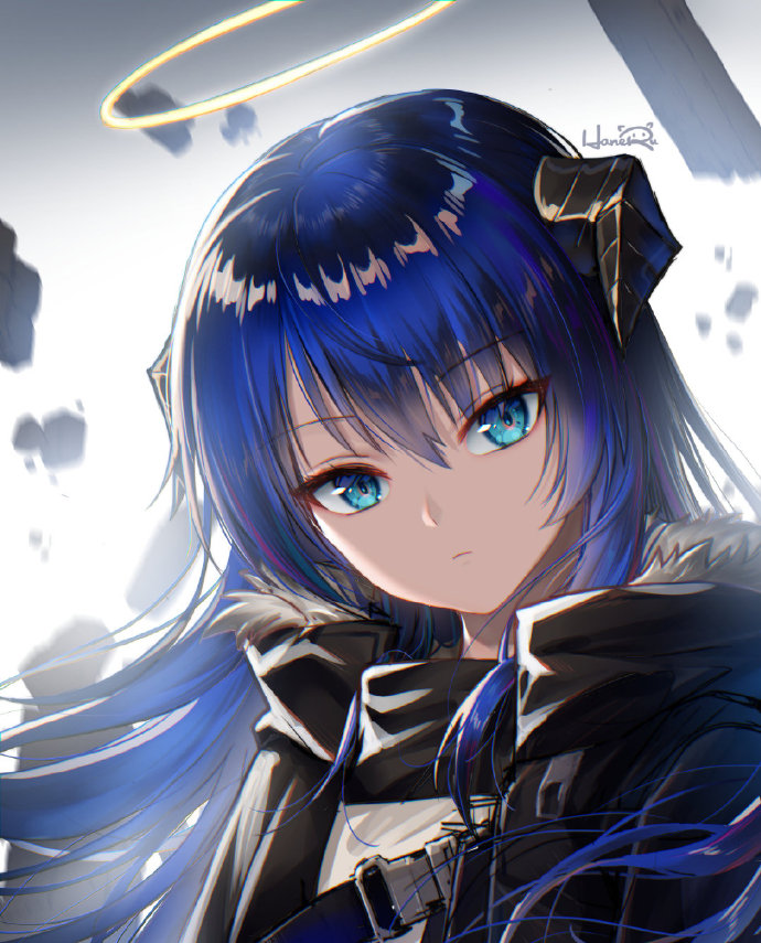 1girl arknights blue_eyes blue_hair eyebrows_visible_through_hair fur-trimmed_jacket fur_trim hair_between_eyes halo haneru horns jacket long_hair looking_at_viewer mostima_(arknights) shirt solo upper_body white_shirt