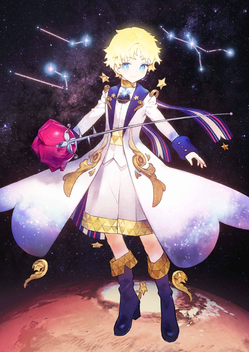 1boy alternate_costume bangs blonde_hair blue_eyes blush bright_pupils constellation eyebrows_visible_through_hair fate/grand_order fate_(series) flower formal full_body glowing gradient_clothes long_sleeves looking_at_viewer male_focus mars_(planet) noco_(adamas) official_art parted_bangs planet red_flower red_rose rose scarf shorts sky smile solo space star star_(sky) starry_background starry_sky thorns voyager_(fate/requiem)