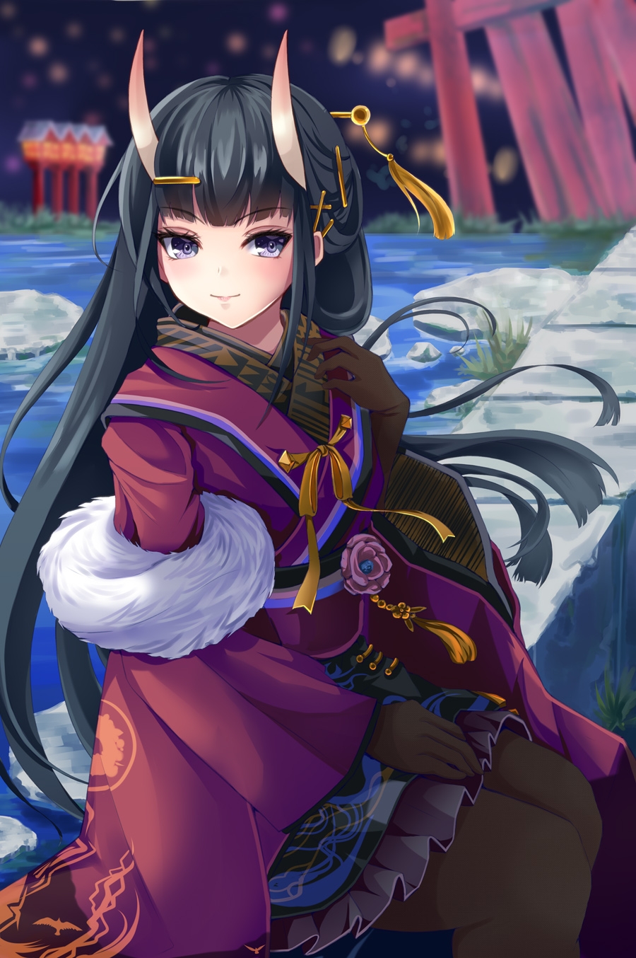 1girl azur_lane bangs black_gloves black_hair black_legwear black_skirt blurry blurry_background closed_mouth commentary_request depth_of_field eyebrows_visible_through_hair feet_out_of_frame frilled_skirt frills gloves hair_ornament hairclip hand_up highres horns japanese_clothes kimono long_hair long_sleeves looking_at_viewer noshiro_(azur_lane) oni oni_horns pantyhose purple_kimono sitting skirt smile solo very_long_hair violet_eyes water wide_sleeves x_hair_ornament yumibakama_meme