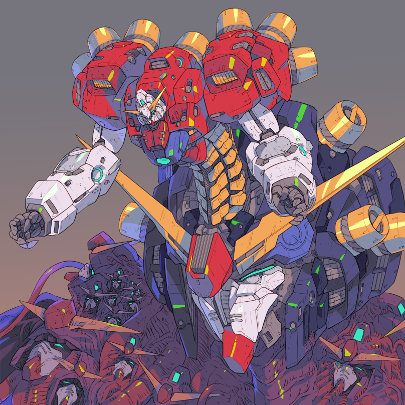 devil_gundam g.haruka g_gundam gradient gradient_background green_eyes grey_background gundam head_tilt looking_at_viewer mecha no_humans open_hands solo v-fin