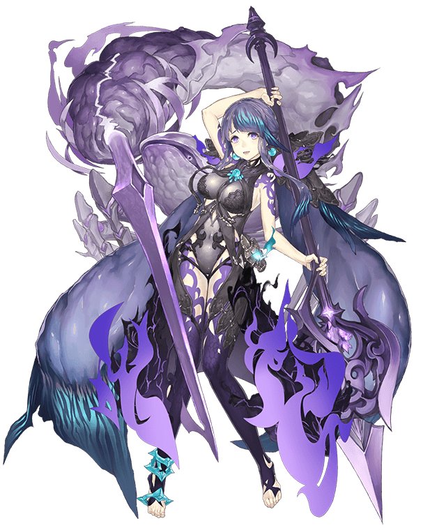 1girl :d absurdly_long_hair anklet bare_shoulders breasts covered_navel earrings empty_eyes eyebrows_visible_through_hair fingernails fins full_body half-nightmare jewelry ji_no large_breasts long_hair looking_at_viewer ningyo_hime_(sinoalice) official_art open_mouth pale_skin polearm purple_hair sharp_fingernails sinoalice smile smoke solo spear tattoo toeless_legwear transparent_background very_long_hair violet_eyes weapon