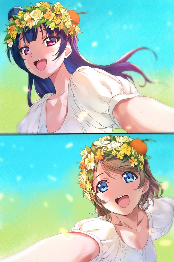 2girls a1 alternate_costume bare_arms collarbone flower food fruit head_wreath looking_at_viewer love_live! love_live!_sunshine!! mandarin_orange multiple_girls neck open_mouth puffy_short_sleeves puffy_sleeves short_sleeves smile split_screen summer tsushima_yoshiko watanabe_you wreath