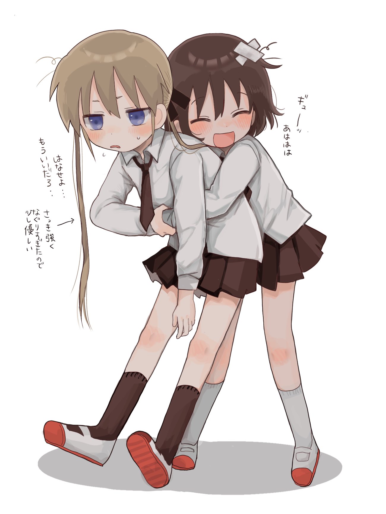 2girls blonde_hair blue_eyes blush brown_eyes brown_hair hair_ribbon highres hozonsui hug hug_from_behind kill_me_baby long_hair multiple_girls necktie open_mouth oribe_yasuna ribbon school_uniform short_hair skirt smile sonya_(kill_me_baby) translation_request twintails yuri