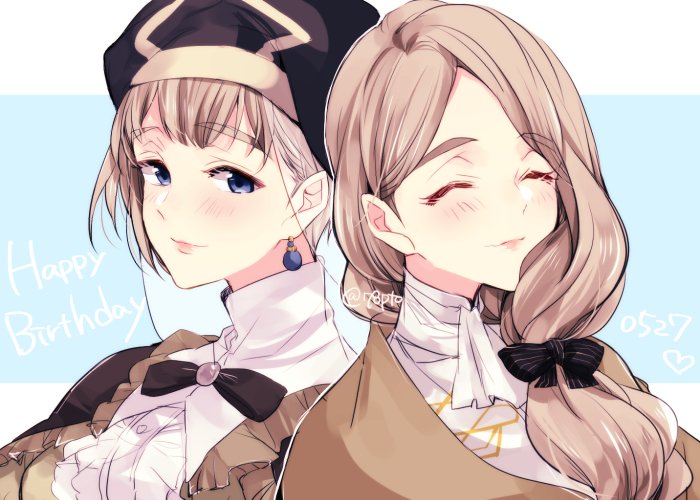 2girls age_comparison blonde_hair blue_eyes bow closed_eyes closed_mouth dated earrings fire_emblem fire_emblem:_three_houses hair_bow happy_birthday jewelry long_hair low_ponytail mercedes_von_martritz multiple_girls naho_(pi988y) short_hair simple_background smile twitter_username upper_body veil