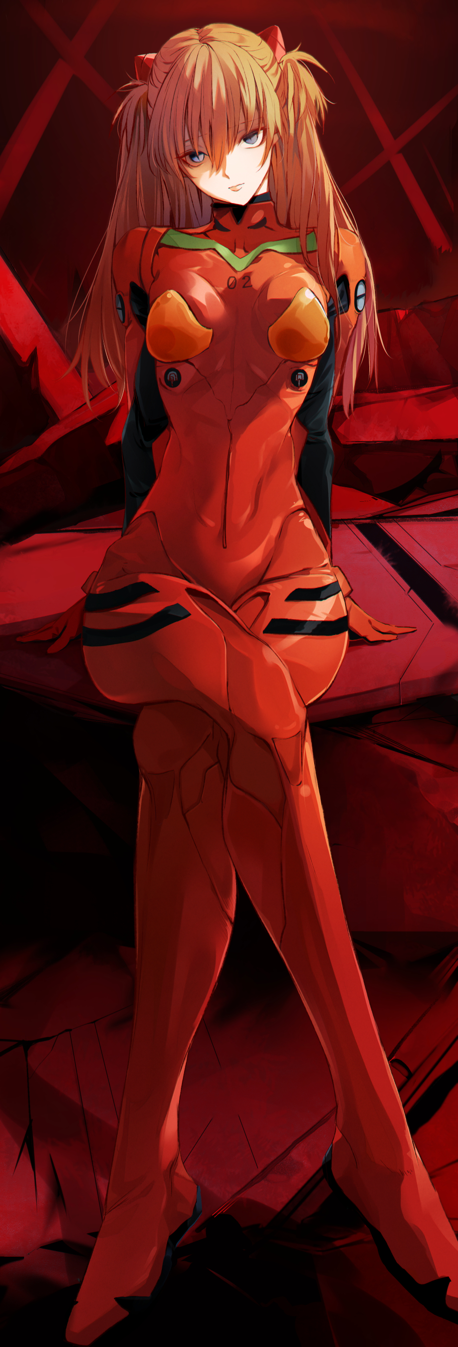 1girl absurdres bodysuit breasts brown_hair closed_mouth commentary crossed_legs empty_eyes full_body hair_between_eyes headgear highres interface_headset lips long_hair looking_at_viewer matsunaga777 neon_genesis_evangelion number plugsuit red_bodysuit sitting skin_tight small_breasts solo souryuu_asuka_langley