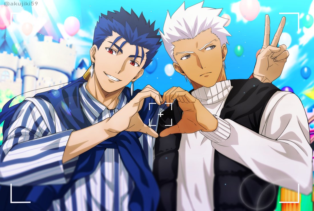 2boys akujiki59 alternate_costume amusement_park baggy_clothes balloon blue_hair blue_scarf brown_eyes camera castle collared_shirt couple cu_chulainn_(fate)_(all) dark_skin dark_skinned_male earrings fate/stay_night fate_(series) heart heart_hands heart_hands_duo hood hood_down hoodie jewelry lancer long_hair long_sleeves looking_at_viewer looking_to_the_side male_focus multiple_boys ponytail red_eyes scarf shirt sleeveless sleeveless_hoodie smile spiky_hair sweater upper_body white_hair white_sweater yaoi