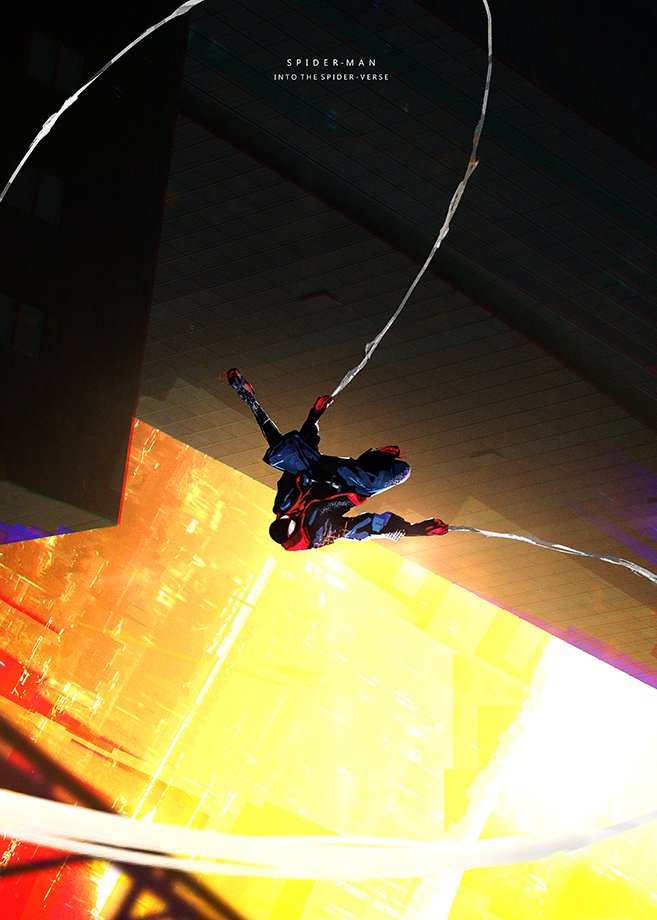 1boy building city copyright_name hood hoodie male_focus mask otsumami_(bu-bu-heaven) skyscraper spider-man:_into_the_spider-verse spider-man_(miles_morales) spider-man_(series) superhero twilight