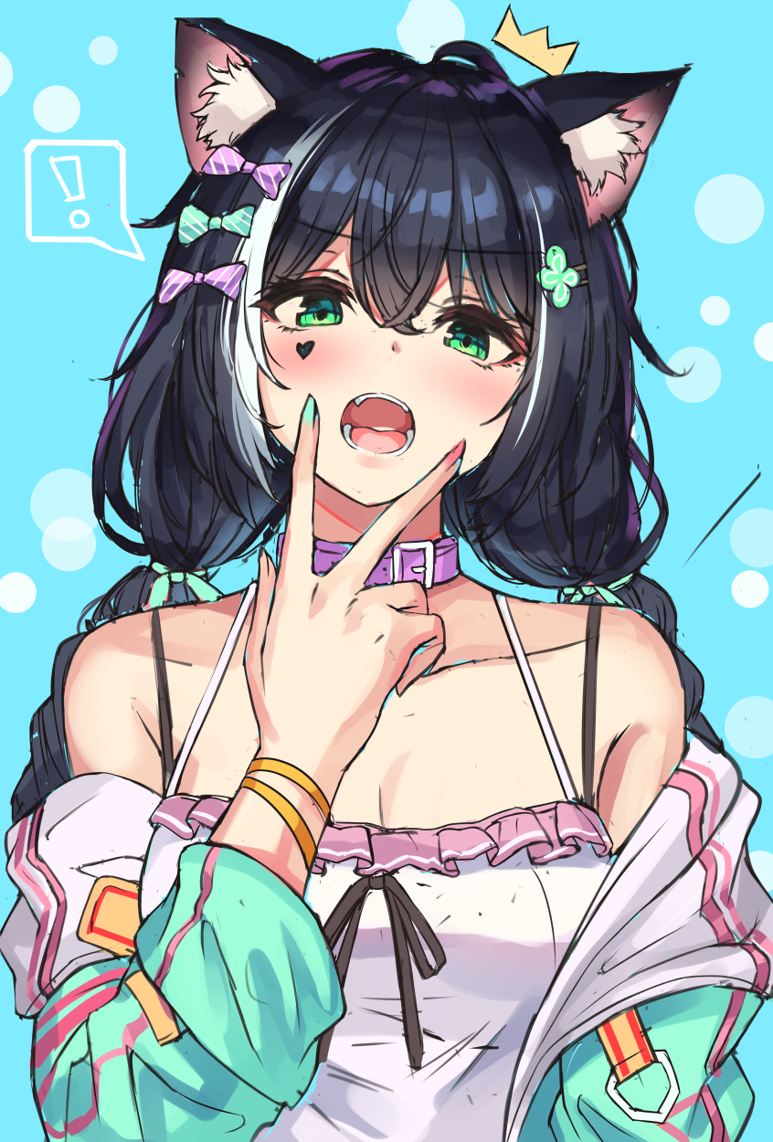 ! 1girl animal_ear_fluff animal_ears aqua_bow bangs black_hair blue_background blush bow breasts camisole cat_ears cat_girl cenangam facial_tattoo green_eyes hair_between_eyes hair_bow hair_ornament hairclip hand_up heart highres jacket karyl_(princess_connect!) long_hair looking_at_viewer low_twin_braids medium_breasts multicolored multicolored_hair multicolored_nails off_shoulder open_mouth pink_bow pink_collar princess_connect! princess_connect!_re:dive solo spoken_exclamation_mark tattoo tied_hair two-tone_hair upper_body