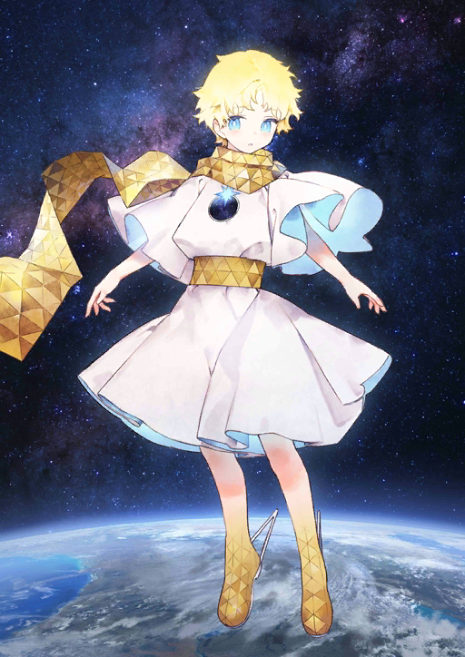 1boy baggy_clothes bangs blonde_hair blue_eyes blush bright_pupils earth eyebrows_visible_through_hair fate/grand_order fate_(series) floating full_body glowing gradient_hair looking_at_viewer male_focus multicolored_hair noco_(adamas) official_art open_mouth parted_bangs planet robe scarf short_sleeves simple_background sky smile solo space star star_(sky) starry_background starry_sky voyager_(fate/requiem) yellow_scarf