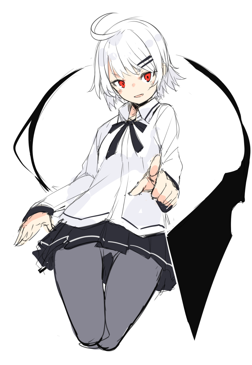 1girl :d grey_legwear hair_ornament hairclip highres looking_at_viewer open_mouth original otokuyou pantyhose pointing pointing_at_viewer red_eyes short_hair simple_background sketch skirt smile solo white_background white_hair