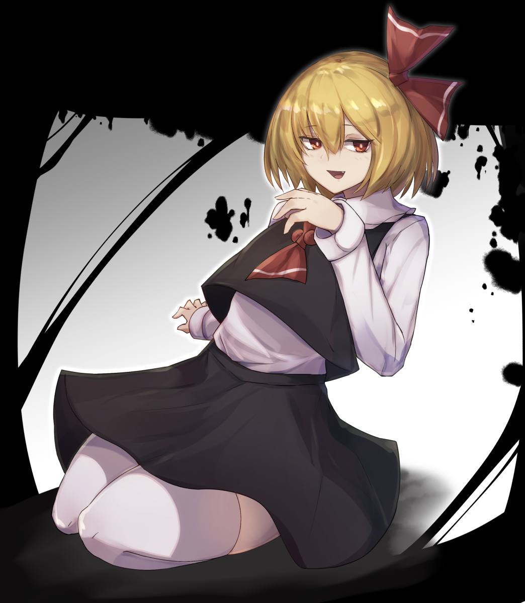 1girl alder ascot blonde_hair hair_ribbon highres long_sleeves red_eyes ribbon rumia shirt skirt skirt_set solo touhou vest white_legwear white_shirt