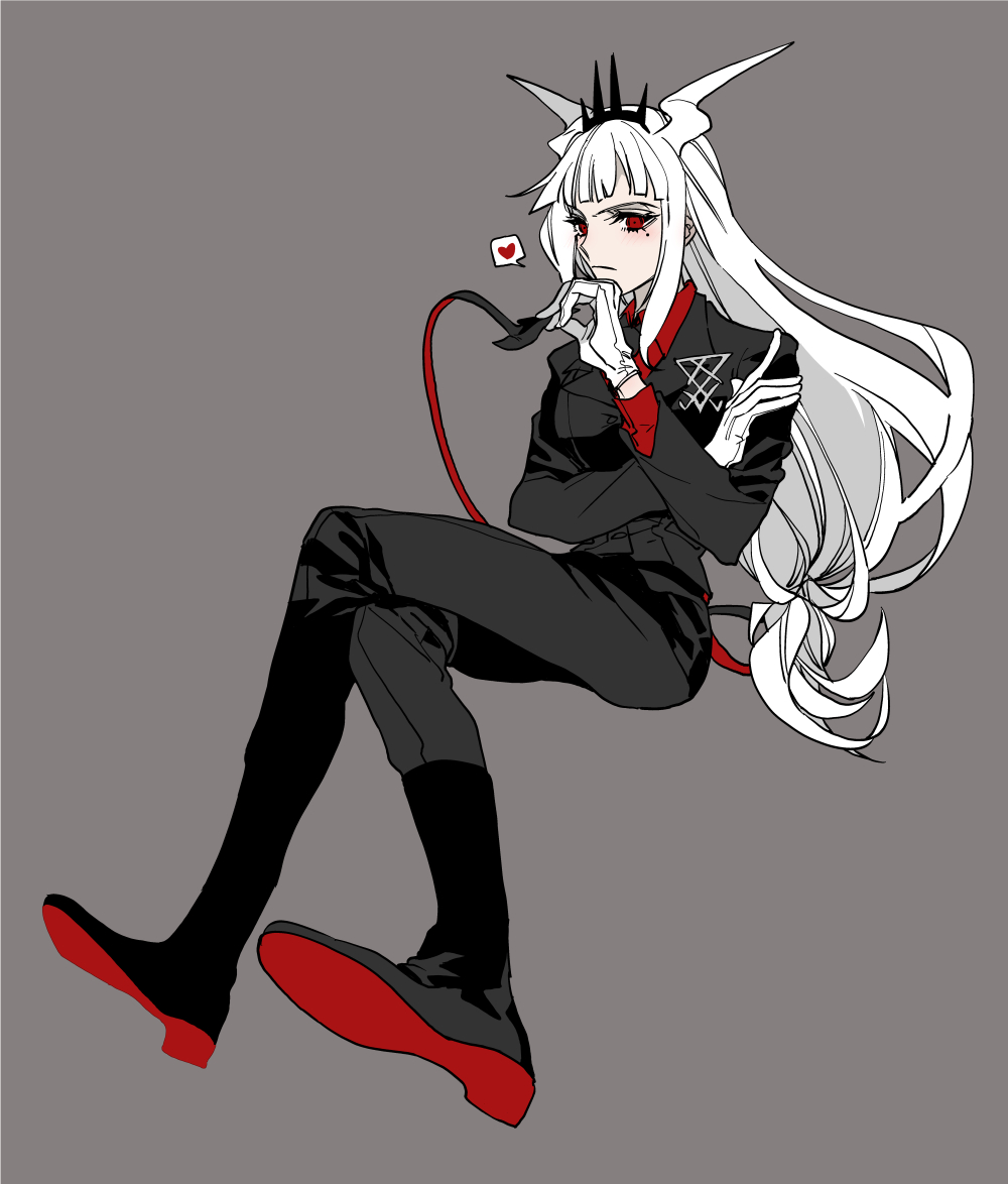 1girl collared_shirt demon_girl demon_horns demon_tail formal hattori_masahiko heart helltaker horns invisible_chair lucifer_(helltaker) red_eyes shirt sitting solo spoken_heart suit tail tiara white_hair