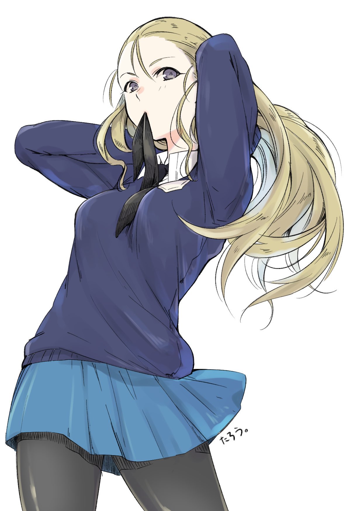 1girl adjusting_hair artist_name assam_(girls_und_panzer) black_ribbon blonde_hair blue_eyes commentary cowboy_shot girls_und_panzer hair_pulled_back hair_ribbon highres komekueyo long_hair looking_at_viewer mouth_hold open_mouth ribbon ribbon_in_mouth ribbon_removed signature simple_background solo standing white_background
