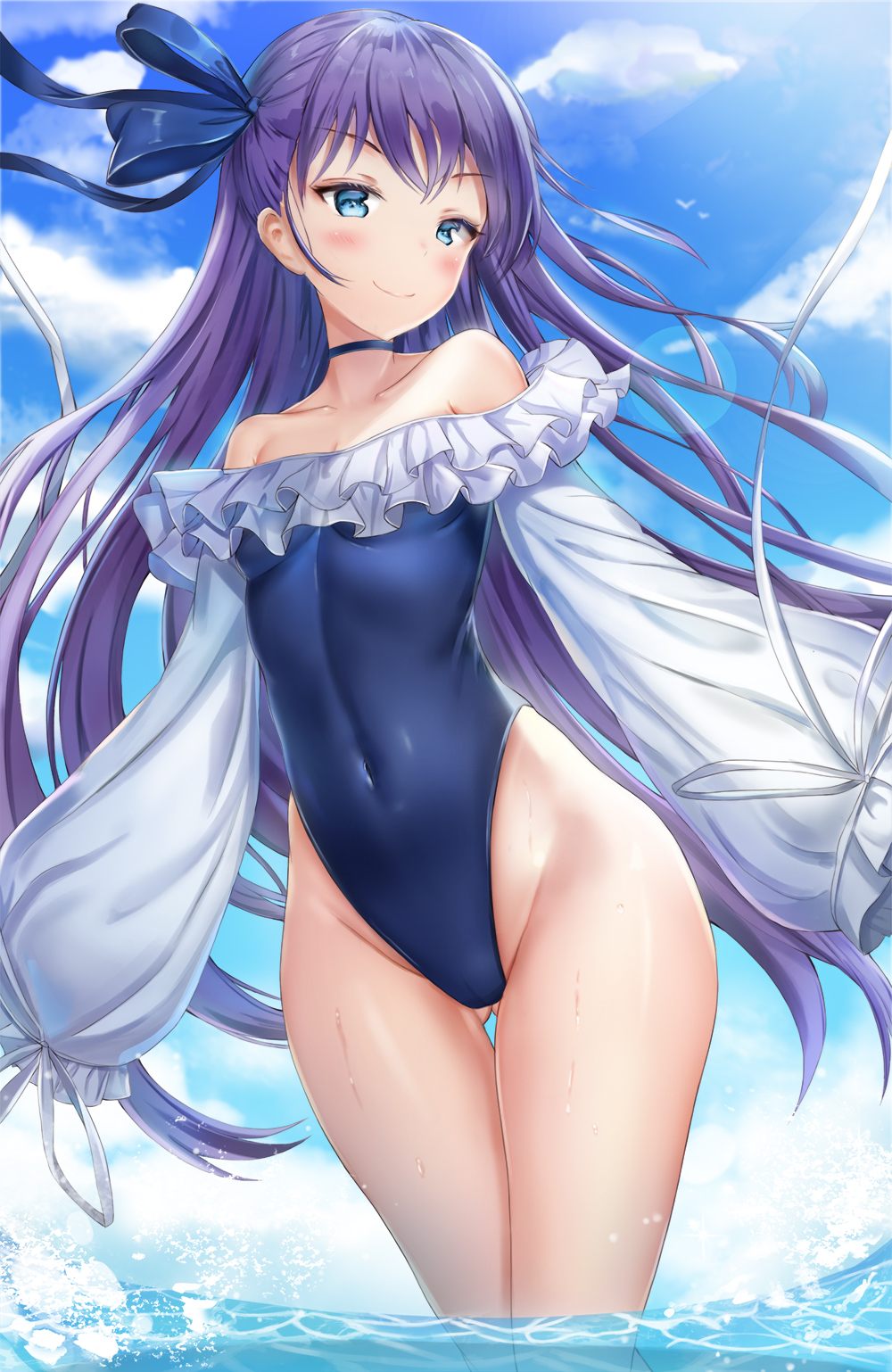 1girl ass_visible_through_thighs bangs bare_hips bare_shoulders blue_eyes blue_ribbon blue_sky blue_swimsuit blush breasts closed_mouth collarbone competition_swimsuit covered_navel day eyebrows_visible_through_hair fate/grand_order fate_(series) frilled_swimsuit frills hair_ribbon highleg highleg_leotard highleg_swimsuit highres kitin leotard long_hair long_sleeves looking_at_viewer meltryllis meltryllis_(swimsuit_lancer)_(fate) one-piece_swimsuit outdoors puffy_long_sleeves puffy_sleeves purple_hair ribbon sky sleeves_past_fingers sleeves_past_wrists small_breasts smile solo straight_hair swimsuit thighs very_long_hair wading water