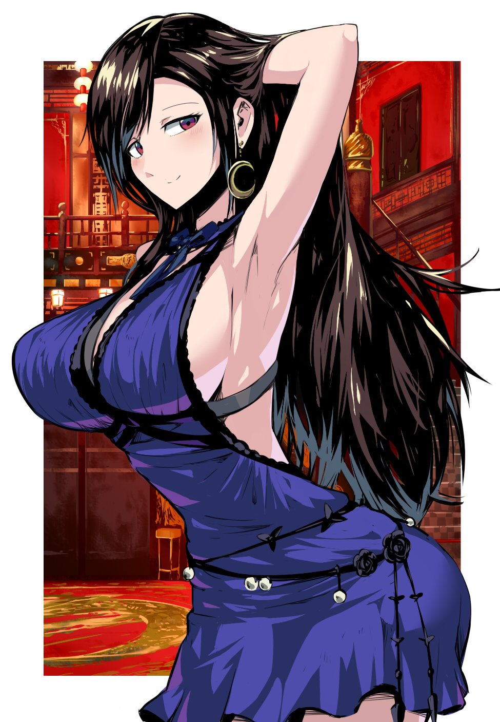 1girl adjusting_hair alternate_costume armpits arms_up backless_dress backless_outfit black_hair blue_dress bow bowtie bra_strap breasts brown_eyes commentary crescent crescent_earrings dress earrings final_fantasy final_fantasy_vii final_fantasy_vii_remake highres jewelry large_breasts long_hair looking_at_viewer shimure_(460) smile solo tifa_lockhart