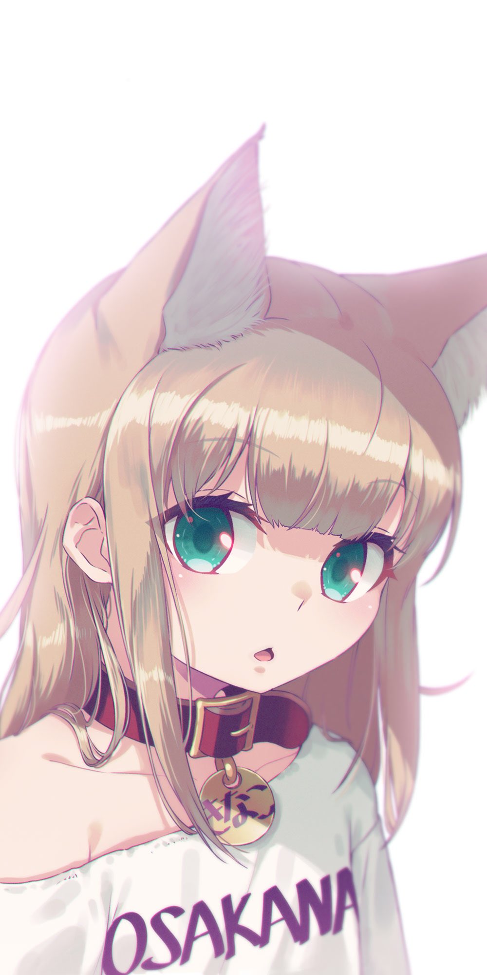 1girl 40hara animal_ear_fluff animal_ears bangs blonde_hair blunt_bangs cat_ears cat_girl clothes_writing collar commentary_request green_eyes highres kinako_(40hara) long_hair looking_at_viewer open_mouth original pet_collar red_collar shirt simple_background solo t-shirt upper_body white_background white_shirt white_t-shirt