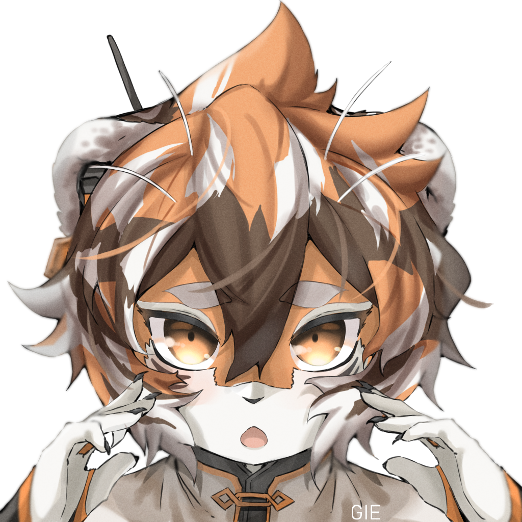 1girl animal_ears arknights artist_name china_dress chinese_clothes claws dress furry gie multicolored_hair nail_polish open_mouth orange_eyes snout streaked_hair tiger_ears tiger_girl tiger_stripes waai_fu_(arknights) white_fur