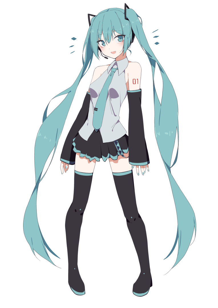 1girl :d aqua_eyes aqua_hair aqua_nails aqua_neckwear bangs black_footwear black_skirt black_sleeves blush boots breasts collared_shirt derivative_work detached_sleeves eyebrows_visible_through_hair full_body giryu grey_shirt hatsune_miku headset legs_apart long_hair long_sleeves looking_at_viewer miniskirt nail_polish necktie number_tattoo open_mouth pigeon-toed shirt shoulder_tattoo skirt sleeves_past_wrists small_breasts smile solo standing tattoo thigh-highs thigh_boots twintails very_long_hair vocaloid vocaloid_boxart_pose wing_collar zettai_ryouiki