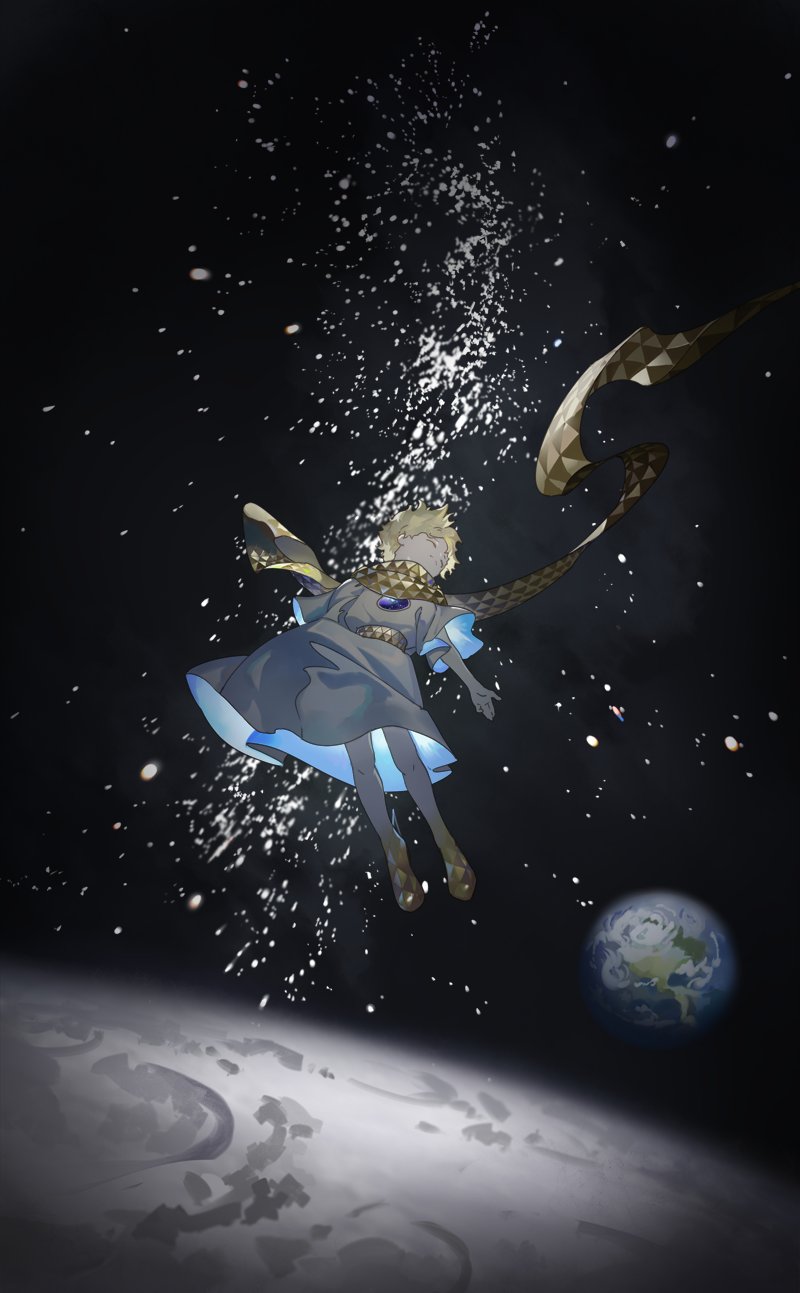 1boy baggy_clothes bangs blonde_hair earth fate/grand_order fate/requiem fate_(series) floating full_body glowing gradient_hair highres l_asakura male_focus moon multicolored_hair open_hand parted_bangs planet scarf short_sleeves sky solo space star star_(sky) starry_background starry_sky voyager_(fate/requiem) yellow_scarf