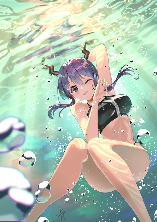 1girl air_bubble arknights arm_up armpits bad_anatomy bangs bare_arms bare_legs bare_shoulders bikini black_bikini blue_hair breasts bubble ch'en_(arknights) commentary dragon_horns feet_out_of_frame hair_between_eyes hand_up horns large_breasts light_rays long_hair looking_at_viewer one_eye_closed open_mouth red_eyes solo stomach swimsuit thighs underwater yamahara