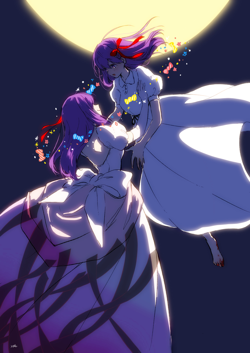 2girls :d back_bow backless_dress backless_outfit bangs barefoot blood bow collared_dress commentary_request dress dual_persona elbow_gloves fate/stay_night fate_(series) floating floating_hair gloves hair_ribbon hand_on_another's_chest heaven's_feel long_hair looking_at_another matou_sakura moon multiple_girls open_mouth puffy_short_sleeves puffy_sleeves purple_hair red_ribbon ribbon short_sleeves smile violet_eyes white_dress white_gloves wing_collar yasuu!