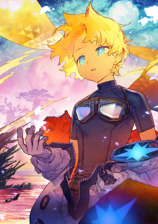 1boy baggy_clothes bangs blonde_hair blue_eyes bright_pupils eyebrows_visible_through_hair fate/grand_order fate/requiem fate_(series) full_body glowing glowing_eyes goggles goggles_around_neck gradient gradient_background gradient_hair male_focus multicolored_hair noco_(adamas) official_art open_hand open_mouth parted_bangs planet scarf short_sleeves sky solo space star star_(sky) starry_background starry_sky tree voyager_(fate/requiem) water yellow_scarf