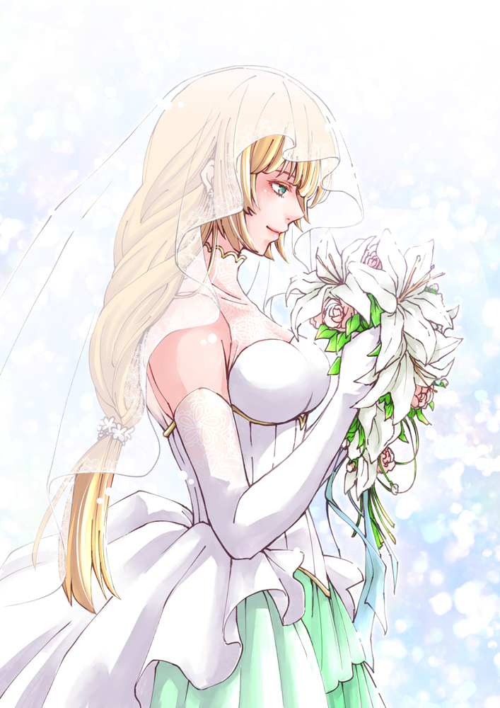 1girl blonde_hair bouquet bride bride_(fire_emblem) closed_mouth dress ebi_puri_(ebi-ebi) elbow_gloves fire_emblem fire_emblem:_three_houses flower from_side gloves green_eyes holding holding_bouquet ingrid_brandl_galatea long_hair smile solo wedding_dress white_dress white_gloves