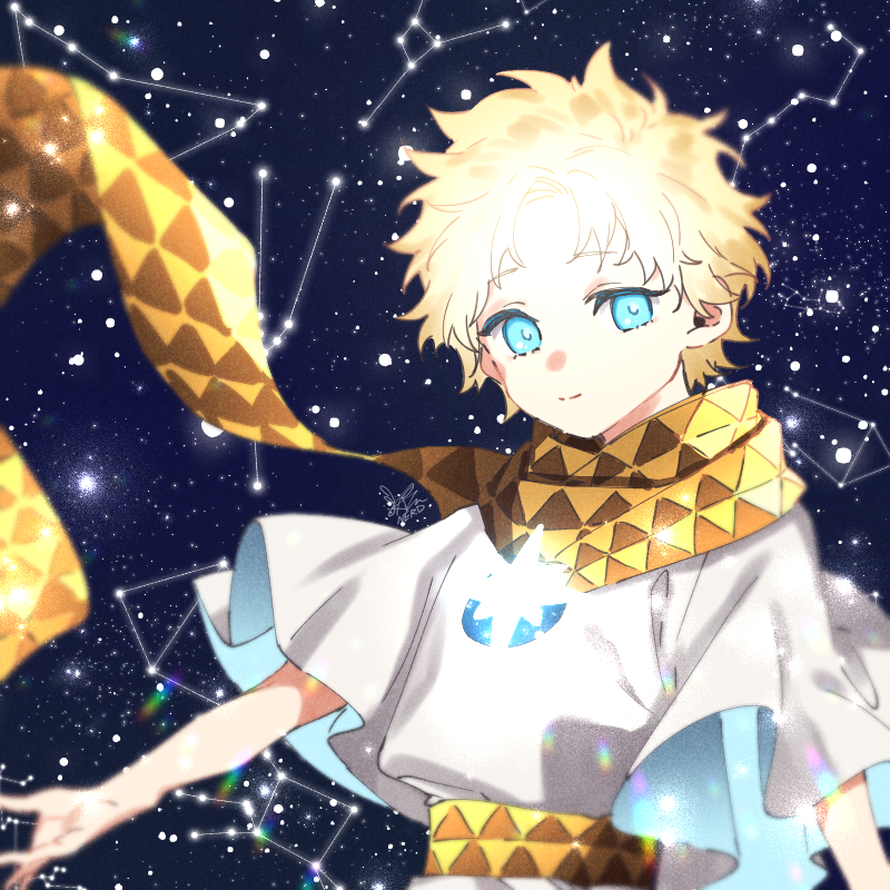 1boy baggy_clothes bangs blonde_hair blue_eyes blurry bright_pupils constellation eyebrows_visible_through_hair fate/grand_order fate/requiem fate_(series) glowing gradient_hair looking_at_viewer male_focus multicolored_hair nerd_rf open_hand parted_bangs scarf short_sleeves sky smile solo space sparkle star star_(sky) starry_background starry_sky upper_body voyager_(fate/requiem) yellow_scarf