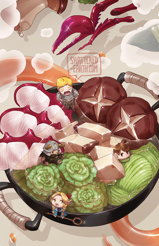 1girl 3boys armor beard black_hair blonde_hair braid brown_eyes brown_hair cabbage chibi chilchuck closed_eyes dungeon_meshi elf english_commentary facial_hair food helmet holding holding_staff horned_helmet hotpot in_container in_food ladle laios_thorden long_hair looking_at_another looking_at_viewer looking_to_the_side marcille meat miniboy minigirl multiple_boys mushroom mustache open_mouth partially_submerged pointy_ears senshi_(dungeon_meshi) shattered_earth sparkle staff steam tofu twin_braids