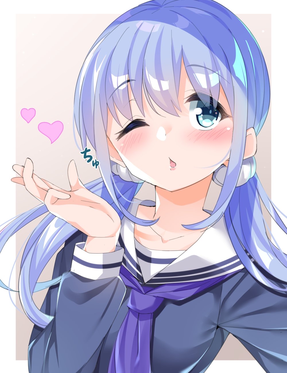 1girl bangs blown_kiss blue_eyes blue_hair blue_shirt blush brown_background cacao_(chocolat) chestnut_mouth collarbone commentary_request eyebrows_visible_through_hair hair_between_eyes hair_ornament hair_scrunchie heart highres long_hair long_sleeves looking_at_viewer low_twintails nijisanji parted_lips purple_nails sailor_collar school_uniform scrunchie serafuku shirt solo twintails two-tone_background upper_body virtual_youtuber white_background white_sailor_collar white_scrunchie yuuki_chihiro