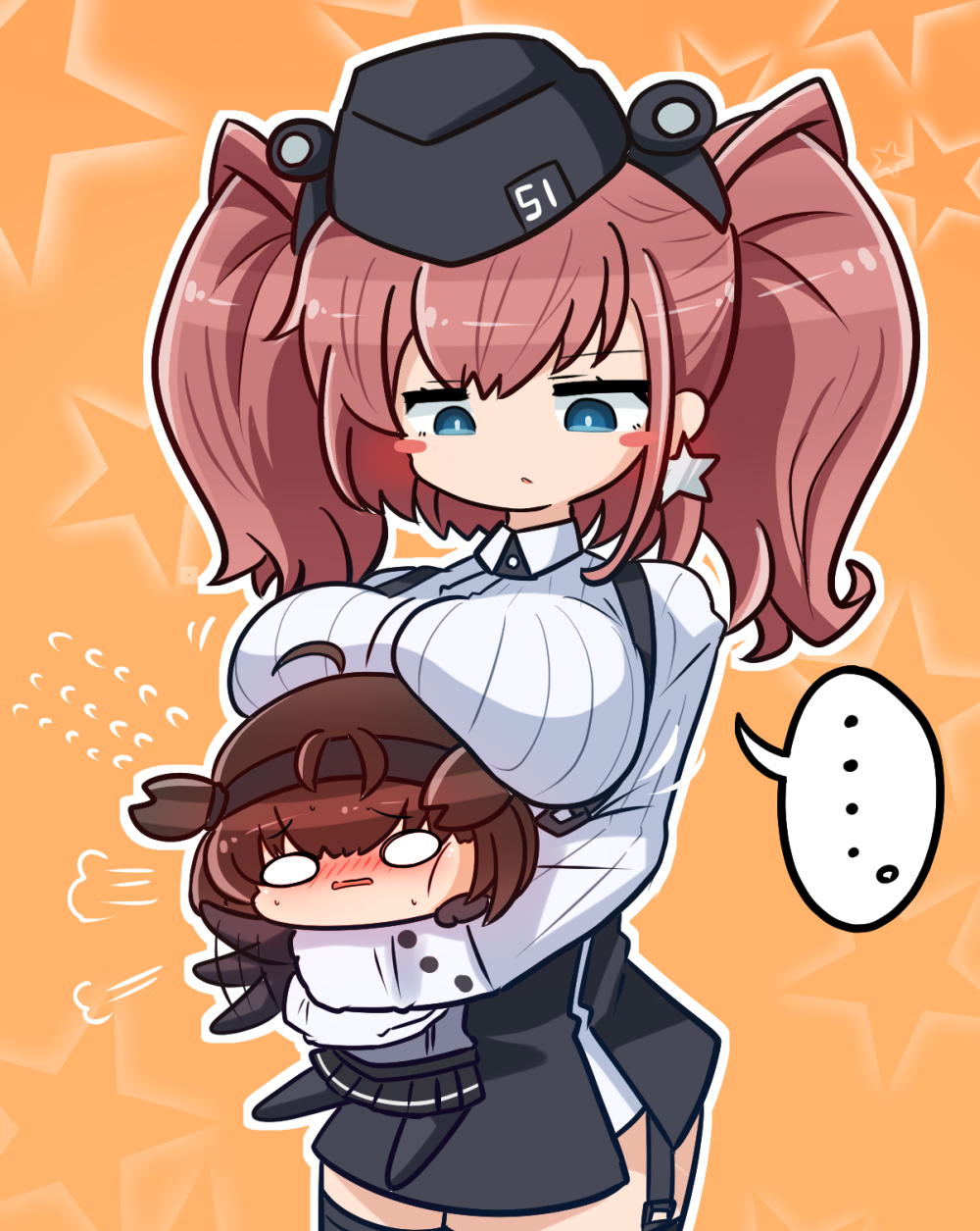 ... 2girls anchor_hair_ornament asimo953 atlanta_(kantai_collection) black_headwear black_skirt blue_eyes blush blush_stickers breast_rest breasts brown_hair chibi commentary_request earrings flying_sweatdrops garrison_cap garter_straps gloves hair_flaps hair_ornament hairband hat hatsuzuki_(kantai_collection) highres hug jewelry kantai_collection large_breasts long_hair long_sleeves looking_at_another multiple_girls nose_blush shirt simple_background skirt star_(symbol) star_earrings suspender_skirt suspenders sweatdrop thigh_strap two_side_up white_gloves white_shirt