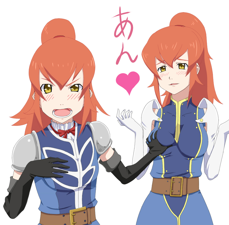 2girls belt breast_grab brown_eyes chastel_aiheap gloves grabbing hisca_aiheap incest multiple_girls ponytail redhead ribonzu siblings sisters tales_of_(series) tales_of_vesperia tales_of_vesperia:_the_first_strike twins white_background
