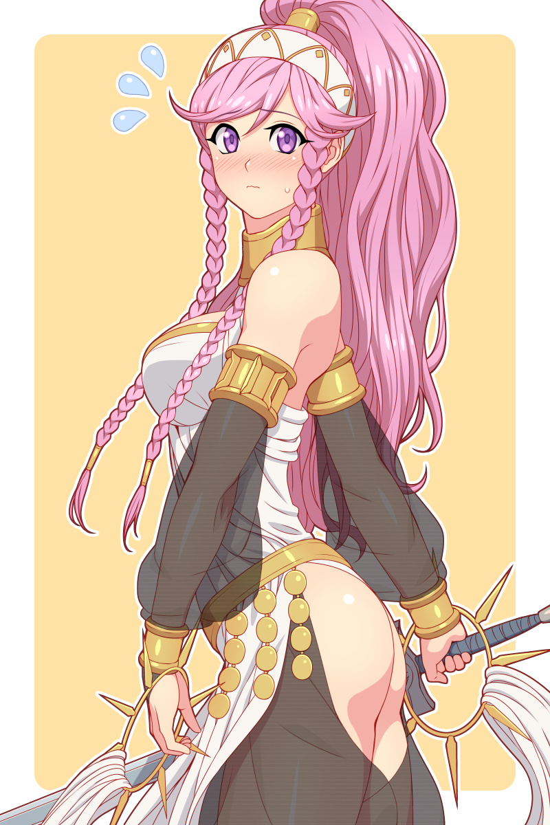 1girl ass blush braid closed_mouth fire_emblem fire_emblem_awakening from_side hairband highres holding long_hair looking_to_the_side olivia_(fire_emblem) pink_eyes pink_hair ponytail rere_(yusuke) see-through simple_background solo twin_braids