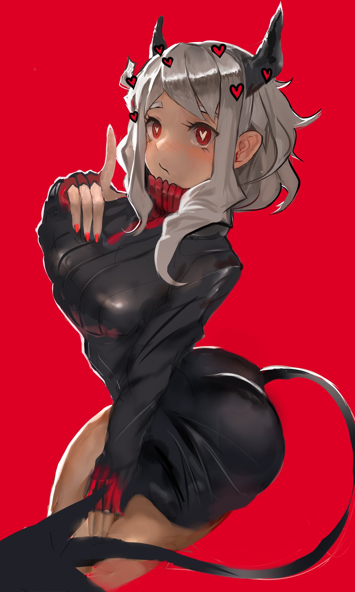 1girl ass black_horns black_jacket black_miniskirt black_skirt black_suit black_tail blush breasts business_suit closed_mouth curly_hair demon_girl demon_horns demon_tail formal heart heart-shaped_pupils helltaker highres horns jacket large_breasts leaning_forward long_sleeves looking_at_viewer medium_hair miniskirt modeus_(helltaker) olaleheez pants red_background red_eyes red_sweater ribbed_shirt shirt short_hair simple_background skirt sleeves_past_wrists solo standing suit sweater symbol-shaped_pupils tail tight tight_pants turtleneck white_hair