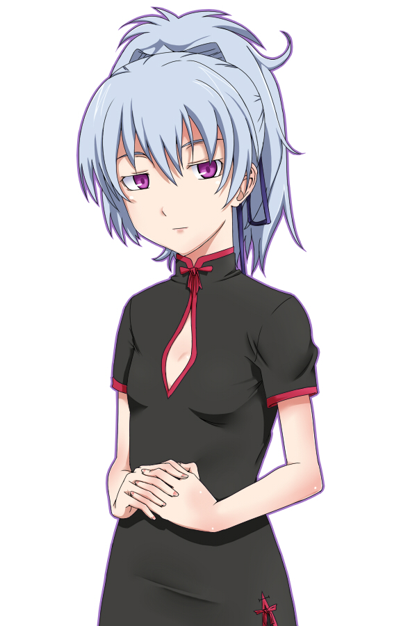 1girl breasts china_dress chinese_clothes closed_mouth darker_than_black dress long_hair looking_at_viewer ponytail ribonzu silver_hair simple_background solo violet_eyes white_background yin