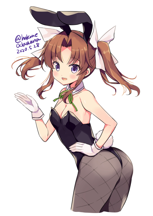 1girl animal_ears black_legwear black_leotard brown_hair bunny_tail bunnysuit cropped_legs dated detached_collar eyebrows_visible_through_hair fake_animal_ears gloves green_ribbon hair_ribbon kagerou_(kantai_collection) kantai_collection leotard long_hair neck_ribbon odawara_hakone open_mouth pantyhose rabbit_ears remodel_(kantai_collection) ribbon simple_background smile solo tail twintails twitter_username violet_eyes white_background white_gloves white_ribbon