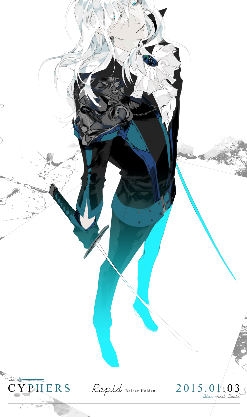 1boy 2015 belzer_holden blue_eyes character_name copyright_name cyphers dated dual_wielding empty_eyes full_body head_tilt highres holding holding_sword holding_weapon long_hair male_focus mzet pale_skin solo sword weapon white_hair