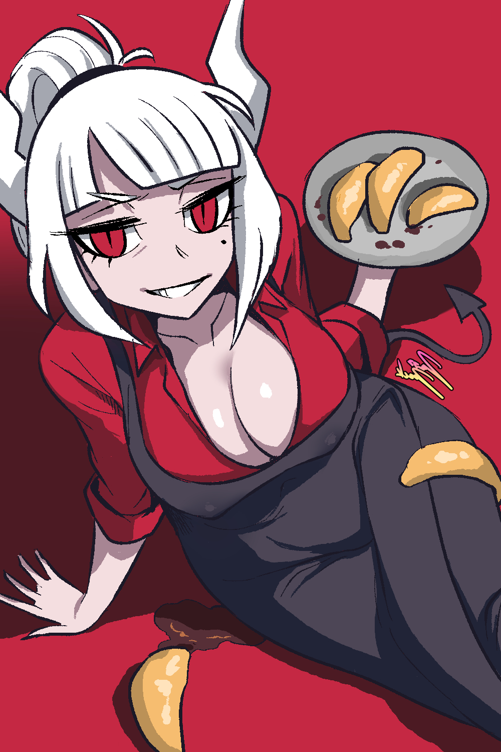 1girl apron black_apron black_tail breasts demon_girl demon_tail food helltaker highres jazzjack large_breasts lucifer lucifer_(helltaker) pancake tail white_horns