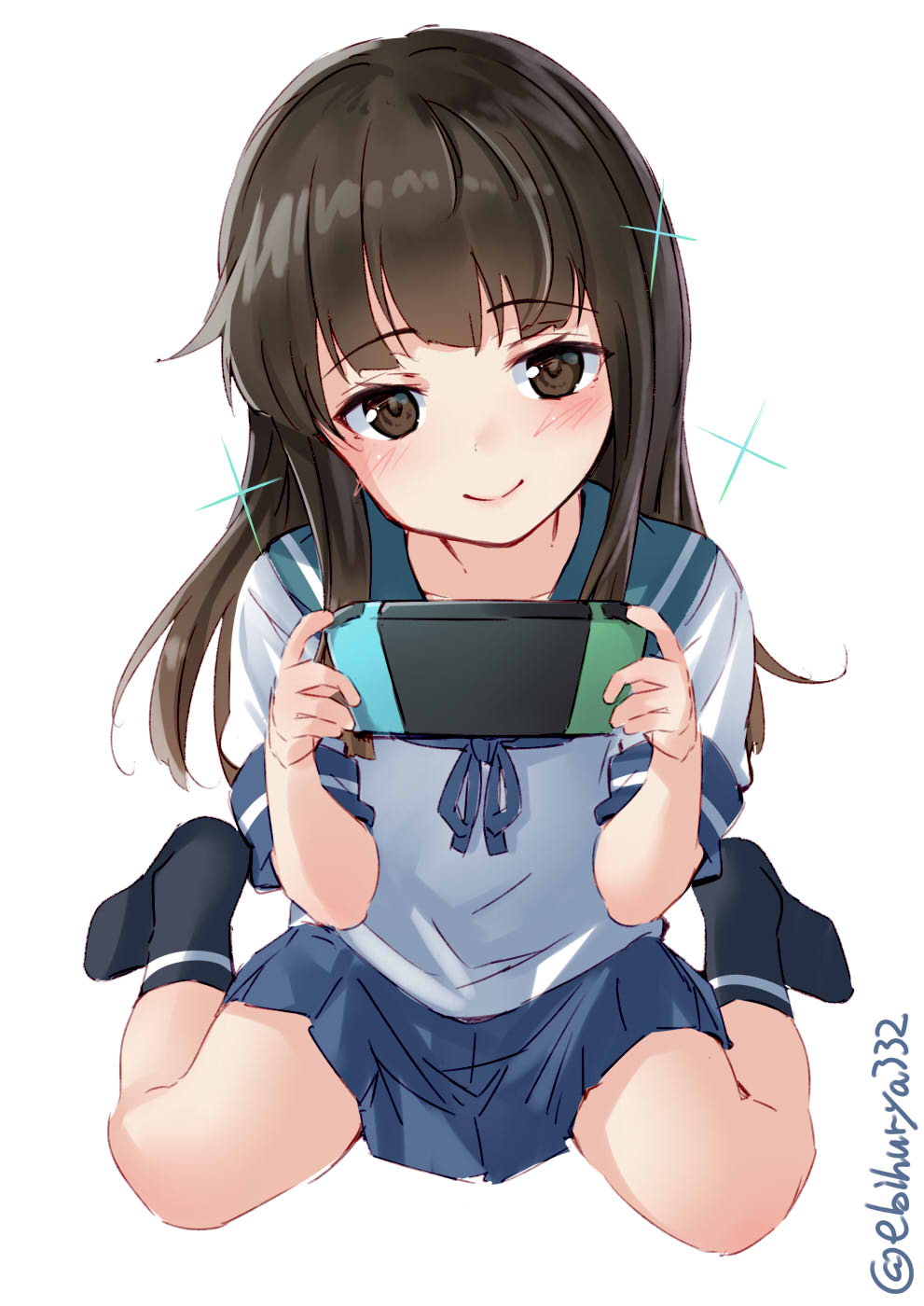 1girl bangs black_legwear blue_sailor_collar blue_skirt blunt_bangs blush brown_eyes brown_hair collarbone ebifurya eyebrows_visible_through_hair full_body game_console handheld_game_console hatsuyuki_(kantai_collection) highres hime_cut kantai_collection long_hair motion_lines nintendo nintendo_switch parted_lips playing_games pleated_skirt sailor_collar school_uniform serafuku short_sleeves simple_background sitting skirt socks solo twitter_username wariza white_background