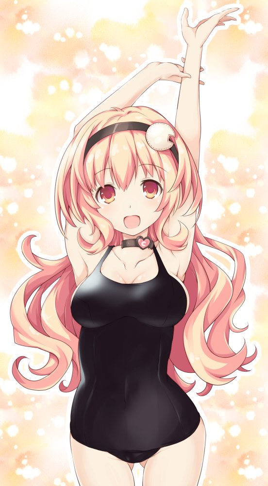 1girl arms_up black_swimsuit blush breasts compa competition_school_swimsuit eyebrows_visible_through_hair hairband happy iwasi-r large_breasts long_hair looking_at_viewer neptune_(series) one-piece_swimsuit open_mouth pink_eyes pink_hair smile swimsuit