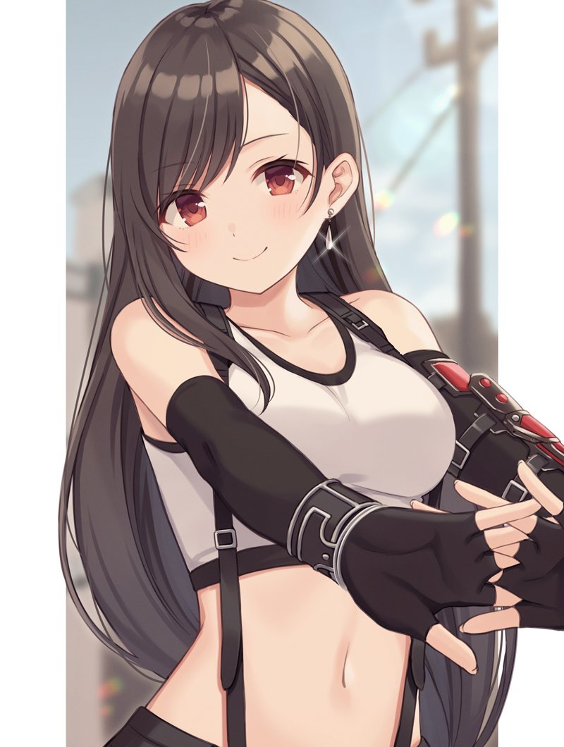 1girl bare_shoulders black_gloves blurry breasts brown_hair collarbone crop_top depth_of_field earrings elbow_gloves final_fantasy final_fantasy_vii fingerless_gloves glint gloves jewelry large_breasts long_hair looking_at_viewer midriff nagisa3710 navel red_eyes shirt sleeveless sleeveless_shirt smile solo stomach stretch suspenders tifa_lockhart upper_body white_shirt